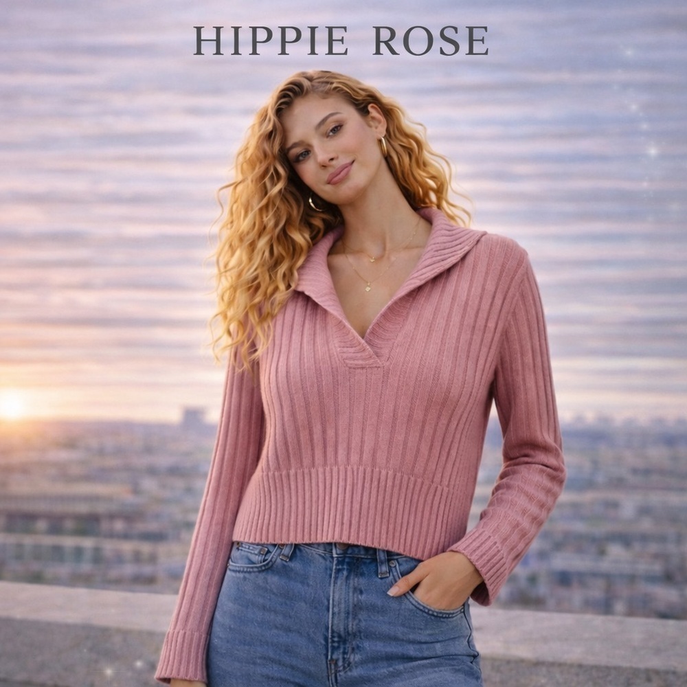 NWT XS Hippie Rose Ribbed Collared Sweater – Pink Knit Pullover NWT - Picture 6 of 13